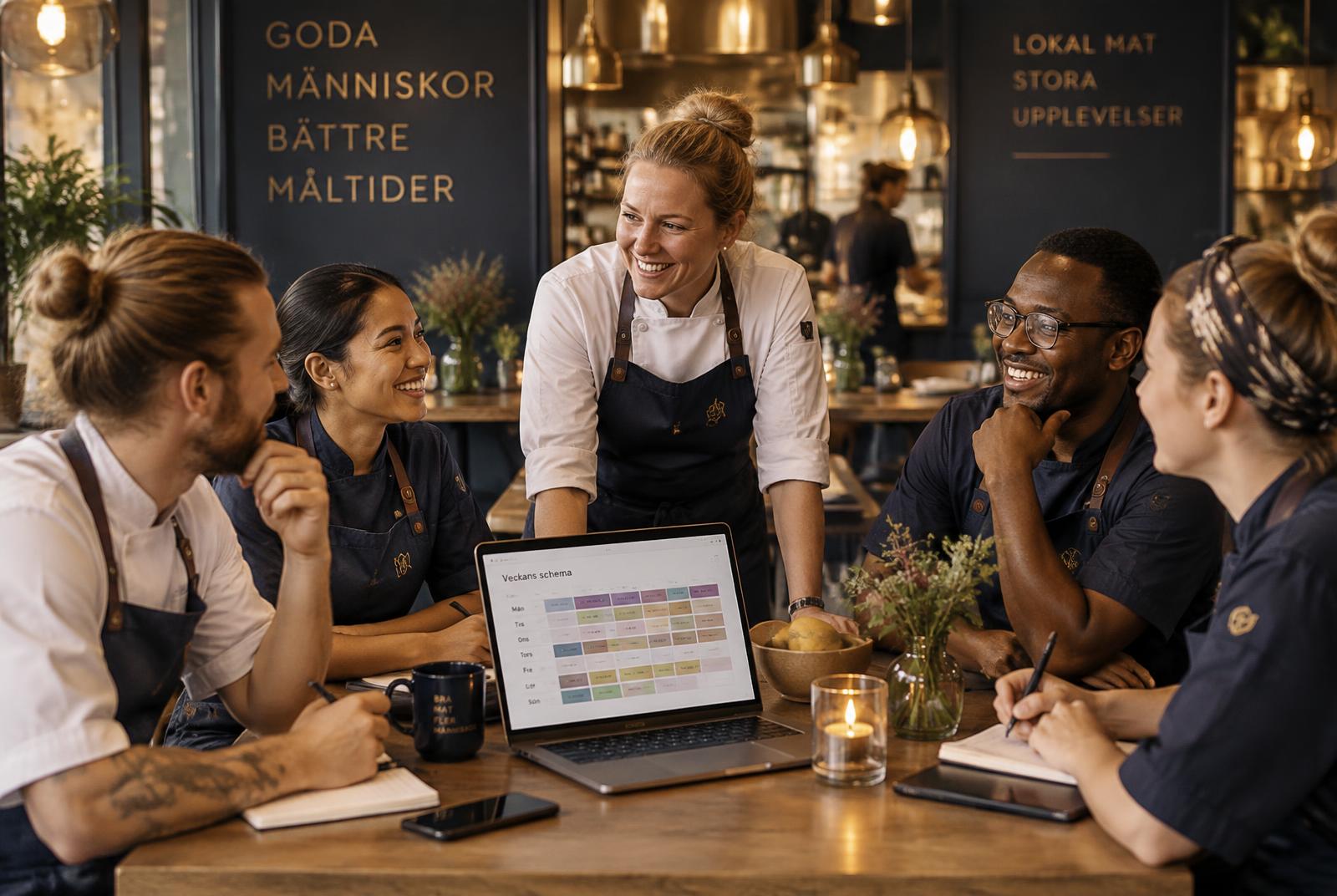 Ett team som planerar veckans schema tillsammans runt en laptop
